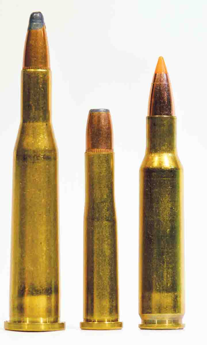 American cartridges the Europeans fell in love with include the .22 High Power (left), .22 Hornet (center), and finally the .222 Remington. European companies continue to produce .22 HP and .22 Hornet brass or loaded ammunition to this day.
